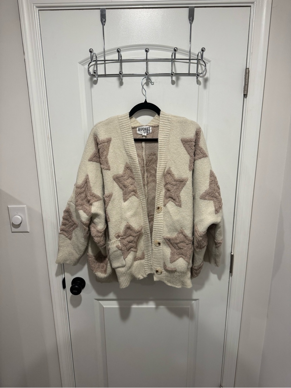 BUCKETLIST Cream Cardigan with Taupe Star Motif